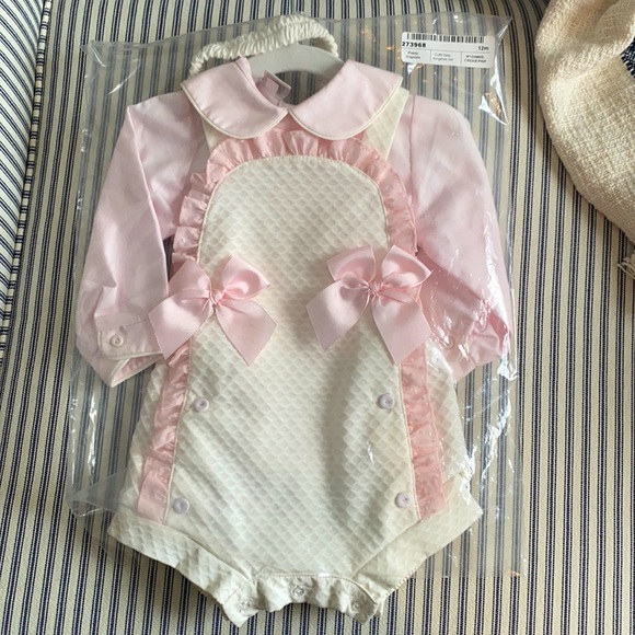 Pretty Originals Dungarees Overalls Set Pink Cream 12mo NWT - Picture 2 of 11